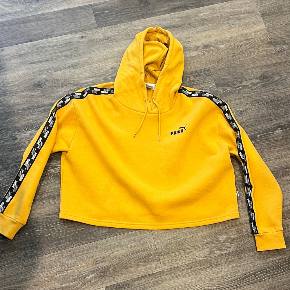 Puma Women's Cropped Vibrant Mustard Yellow Hoodie with Black Accents